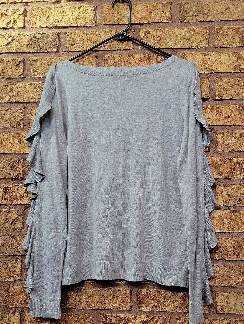 Lauren Ralph Lauren Silk Blend Boat Neck Ruffle Sleeve Sweater Gray Size Large